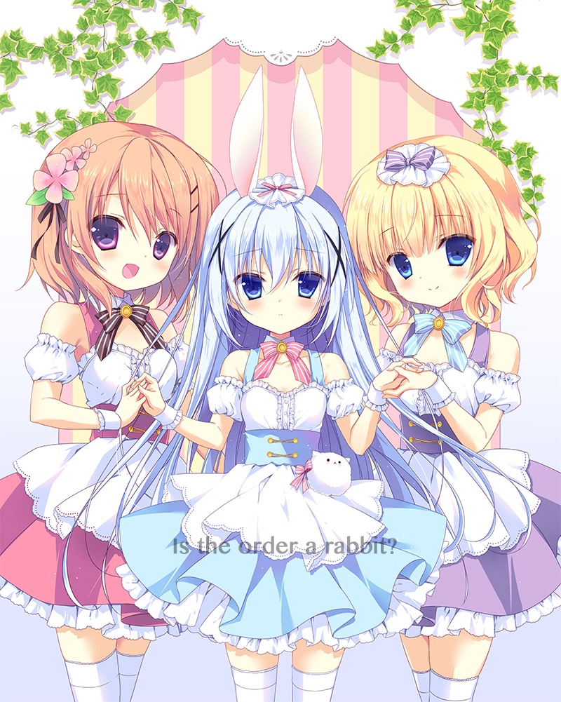 animal_ears bunny_ears gochuumon_wa_usagi_desu_ka? hoto_cocoa kafuu_chino kirima_sharo maid miyasaka_miyu thighhighs