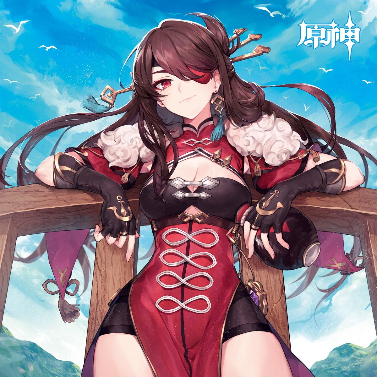 asian_clothes beidou cleavage eyepatch genshin_impact hitoto