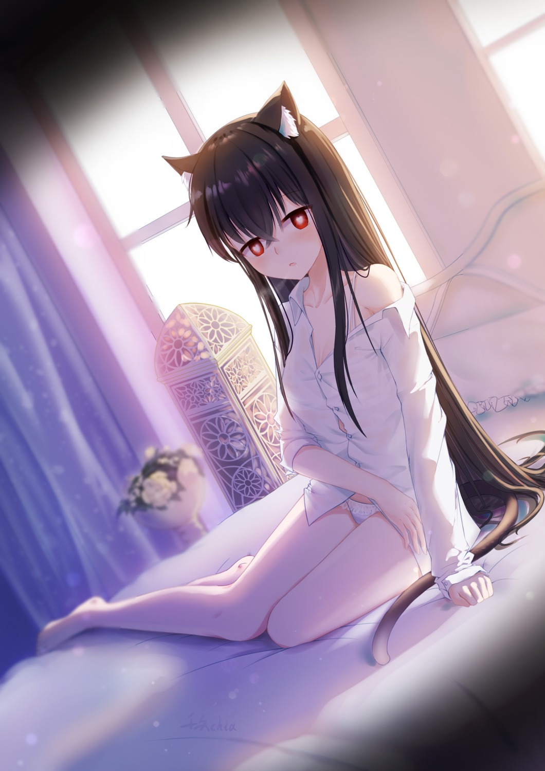 animal_ears bra dress_shirt nekomimi open_shirt pantsu qianze_chia see_through tail