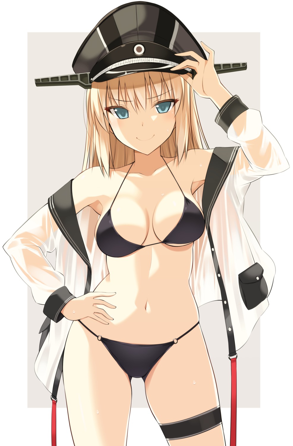 bikini bismarck_(kancolle) garter kantai_collection oota_yuuichi open_shirt see_through seifuku swimsuits