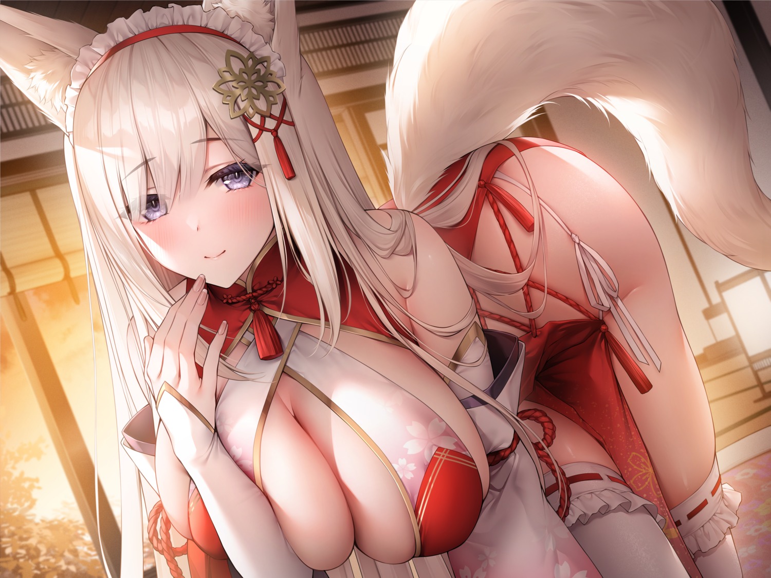 animal_ears kitsune maid no_bra oyuwari pantsu string_panties tail thighhighs wa_maid