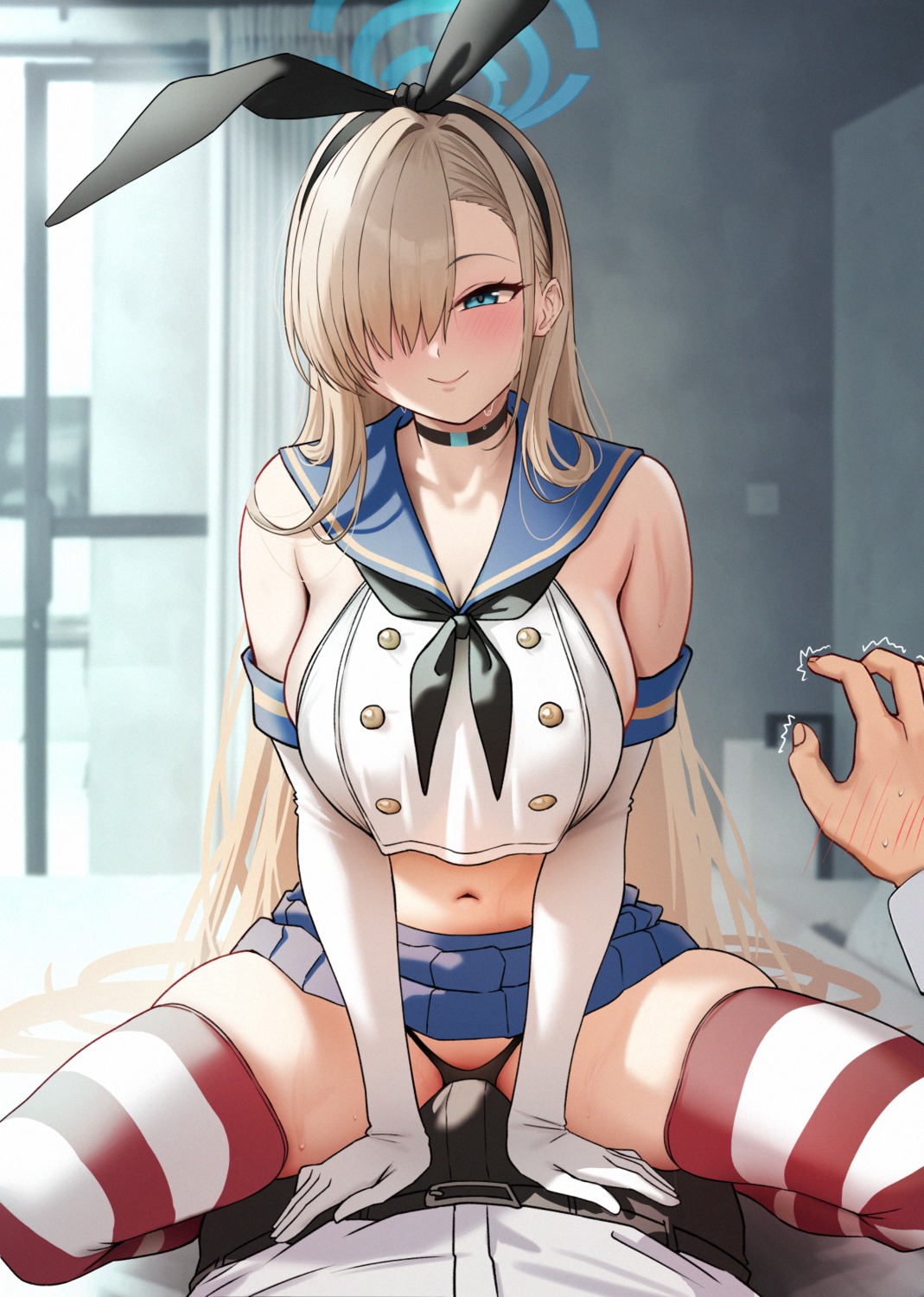 blue_archive cosplay halo ichinose_asuna kantai_collection no_bra pantsu seifuku shimakaze_(kancolle) skirt_lift solar_(happymonk) thighhighs