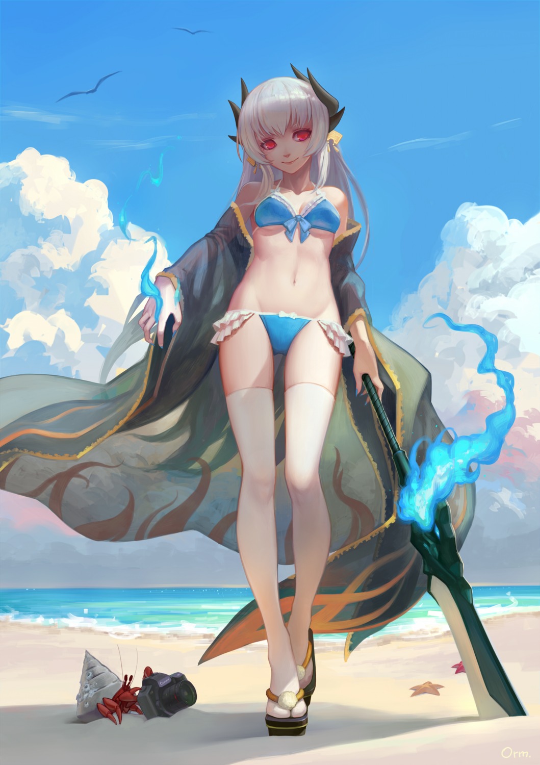 bikini cleavage fate/grand_order horns kiyohime_(fate/grand_order) orm_(user_mufz8783) swimsuits thighhighs underboob weapon