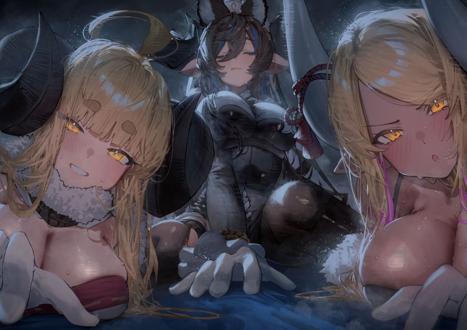 anila_(granblue_fantasy) animal_ears betabeet galleon_(granblue_fantasy) garter granblue_fantasy horns kumbhira_(granblue_fantasy) no_bra pointy_ears thighhighs