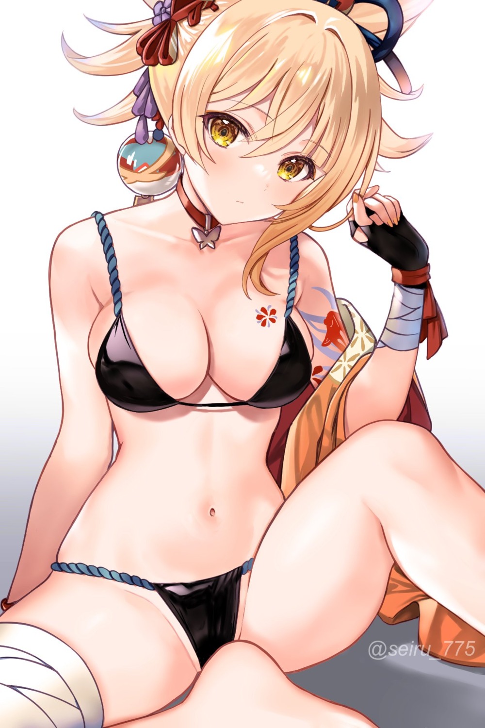 bandages bikini genshin_impact hijiri_ruka japanese_clothes swimsuits tattoo yoimiya