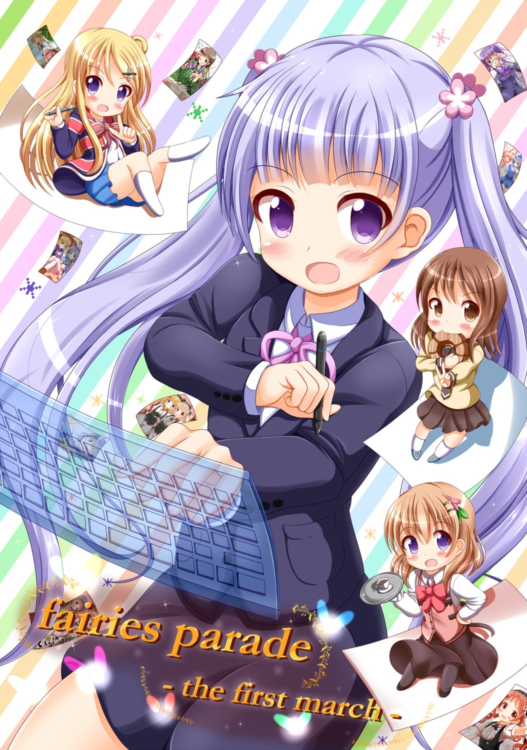 business_suit chibi eyepatch gochuumon_wa_usagi_desu_ka? hoto_cocoa kin'iro_mosaic kujou_karen natsu_megumi new_game! odagiri_futaba pantyhose sansha_sanyou seifuku suzukaze_aoba waitress xenon