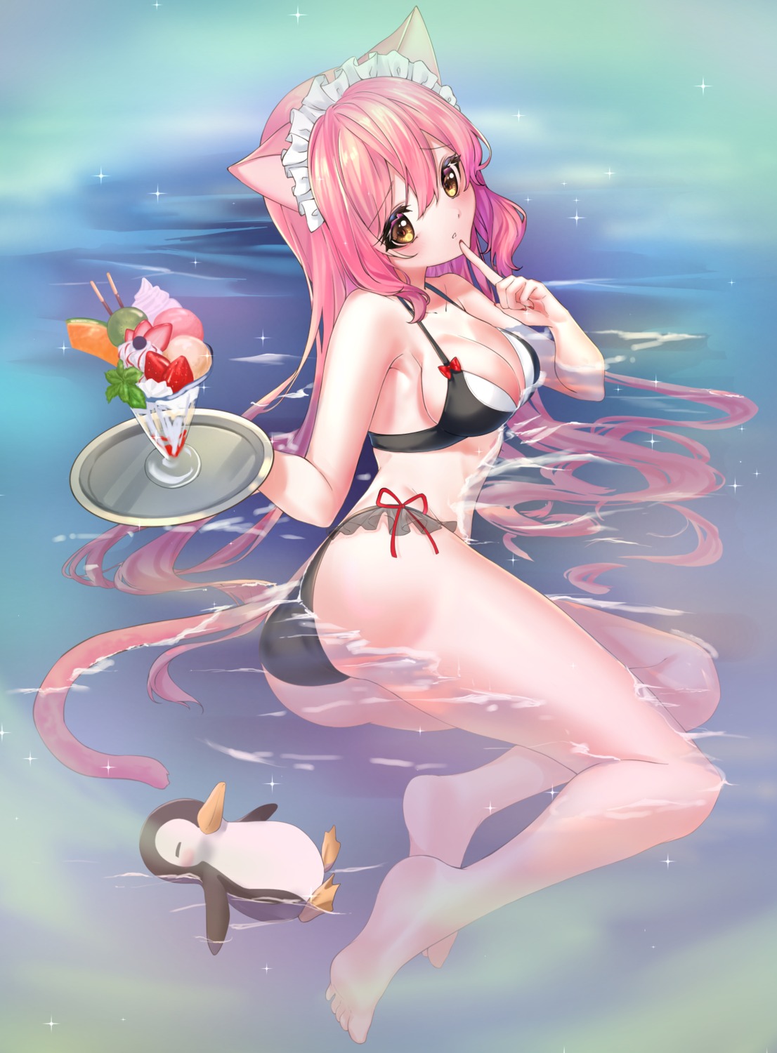 animal_ears ass bikini feet nekomimi penguin rukinya_(nyanko_mogumogu) swimsuits tail wet