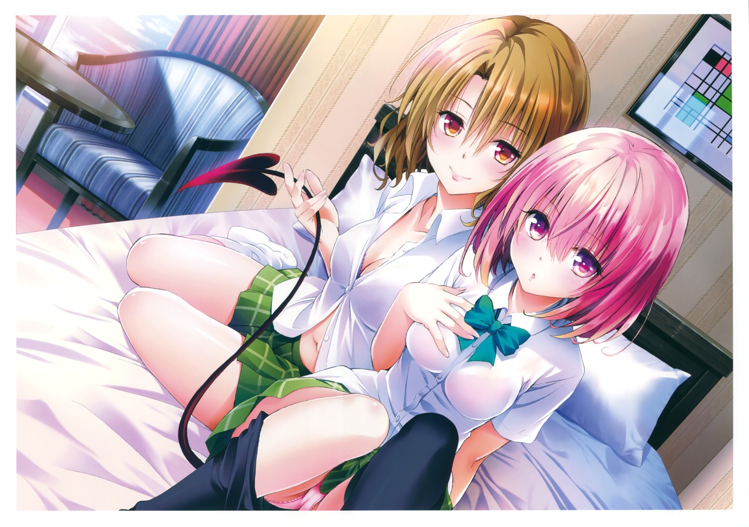 bra breast_hold cameltoe cleavage fixed momioka_risa momo_velia_deviluke open_shirt pantsu see_through tail thighhighs to_love_ru to_love_ru_darkness yabuki_kentarou