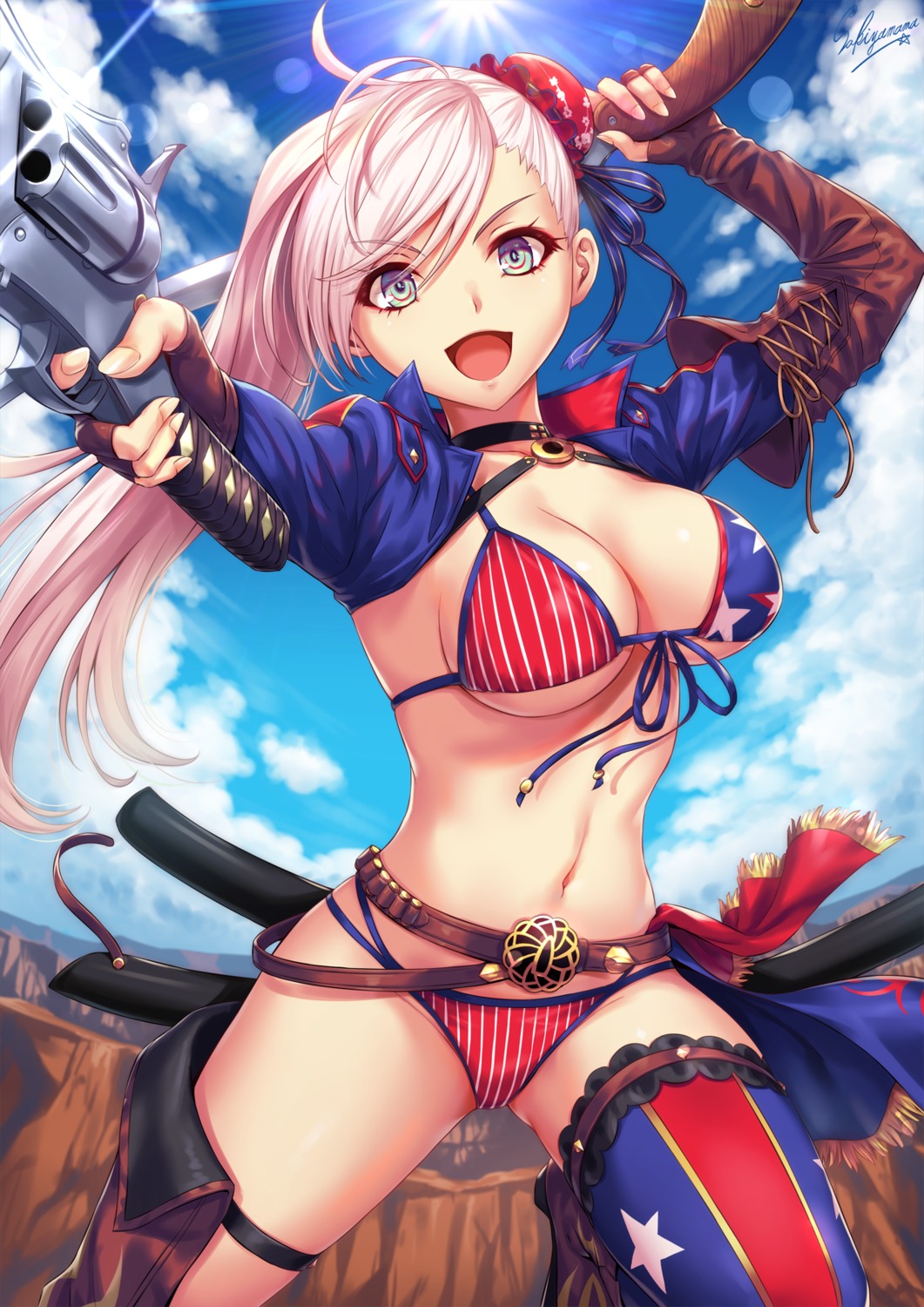 bikini fate/grand_order garter gun miyamoto_musashi_(fate/grand_order) sakiyamama swimsuits sword thighhighs