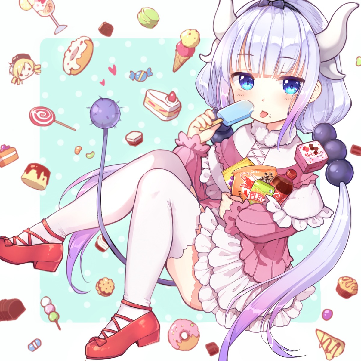 dress horns kamon_(shinshin) kanna_kamui kobayashi-san_chi_no_maidragon tail thighhighs