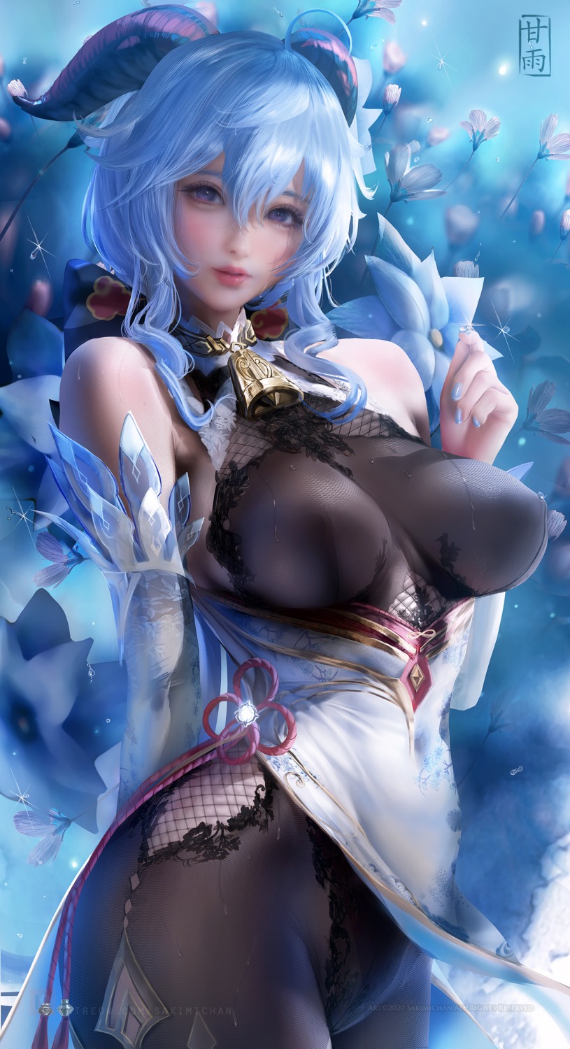 bodysuit breasts erect_nipples ganyu genshin_impact horns sakimichan