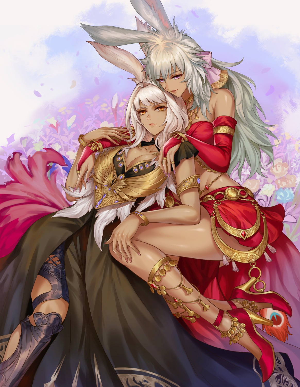 animal_ears armor bunny_ears cleavage final_fantasy final_fantasy_iv final_fantasy_xiv heels kacyu viera yuri