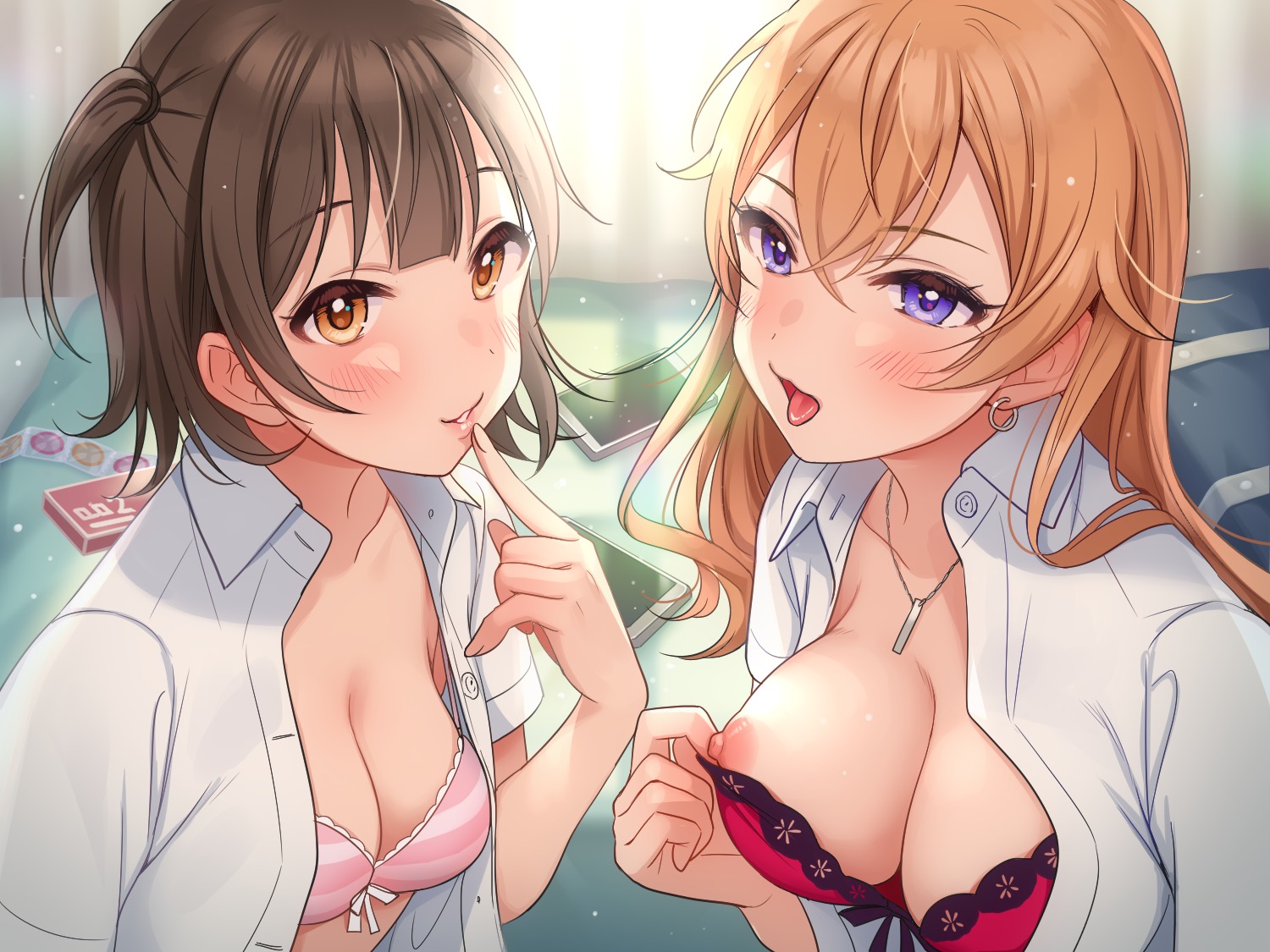 bra breasts nipples open_shirt seifuku tsukana_(saba_mizore) undressing