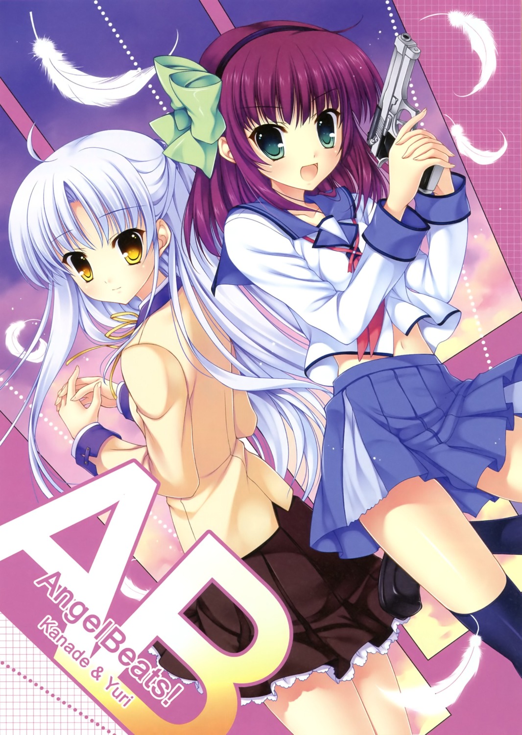 angel_beats! gun mitha nakamura_yuri seifuku tachibana_kanade thighhighs