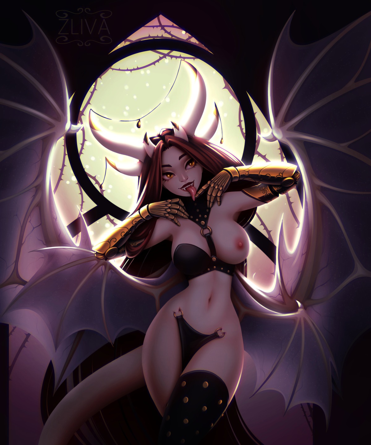 breasts devil horns maebari miranda_(zliva) monster_girl nipples no_bra nopan tail wings zliva