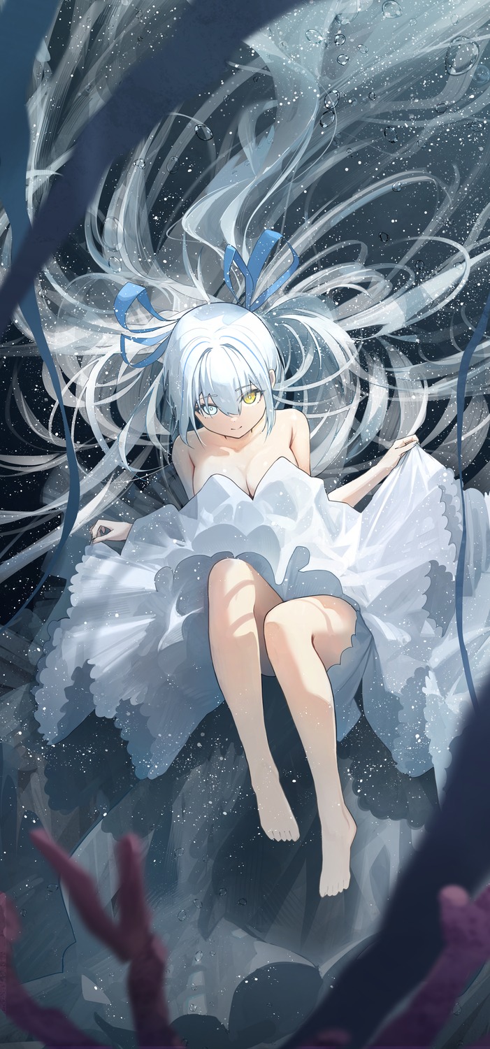 dress heterochromia hidulume no_bra skirt_lift