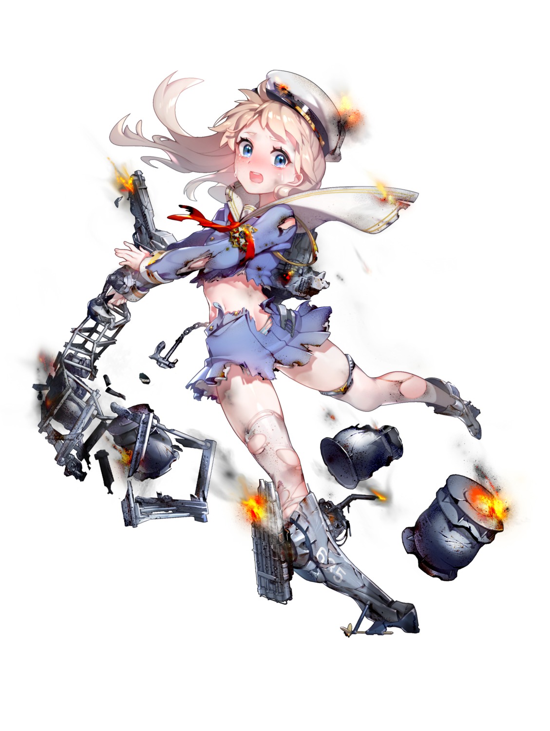 battleship_girl england_(battleship_girl) garter heels pantsu quuni shimapan thighhighs torn_clothes uniform weapon