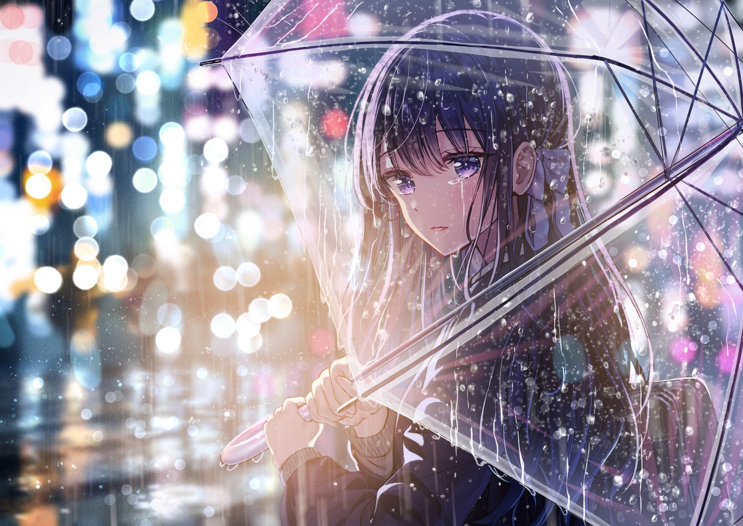 sakura_(39ra) seifuku sweater umbrella wet