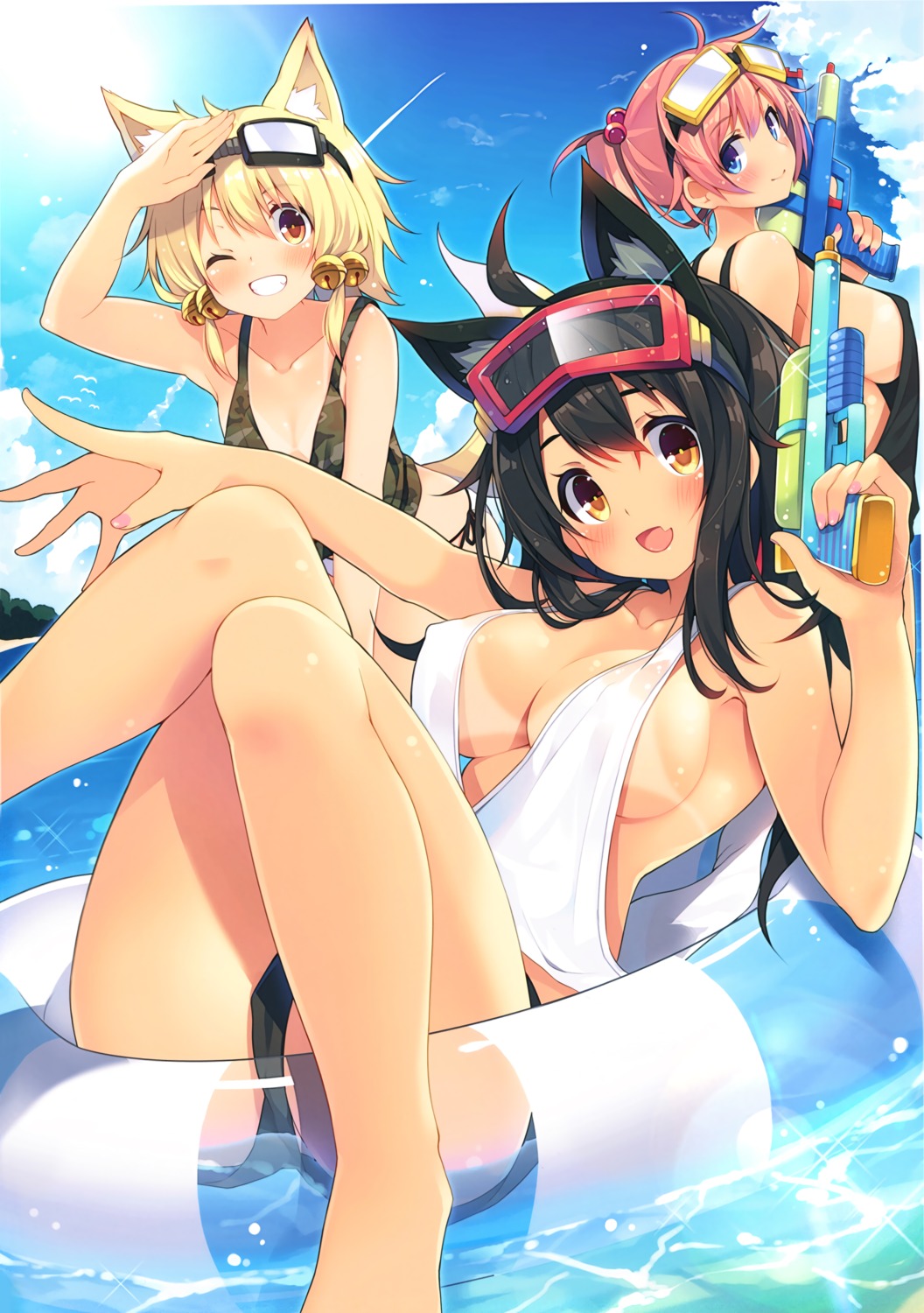 animal_ears cameltoe chiri_(atlanta) cleavage erect_nipples gun meina no_bra tan_lines wet