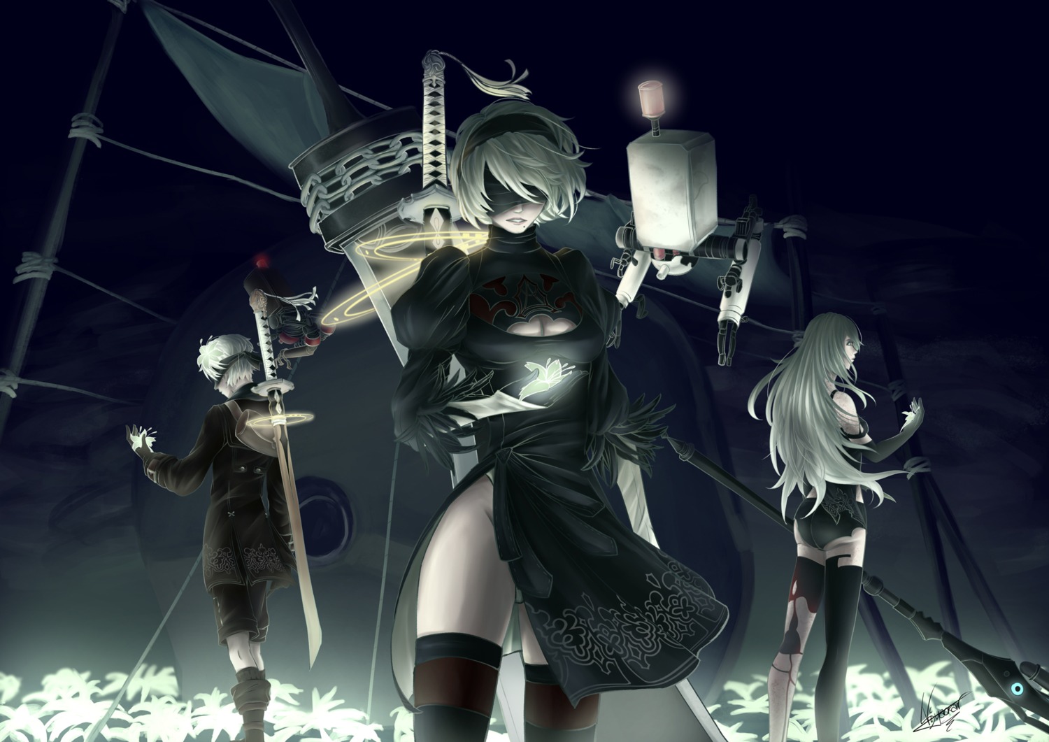 cleavage dress leotard mecha mecha_musume nier nier_automata sword thighhighs torn_clothes vyh yorha_no.2_type_b yorha_no.9_type_s yorha_type_a_no.2