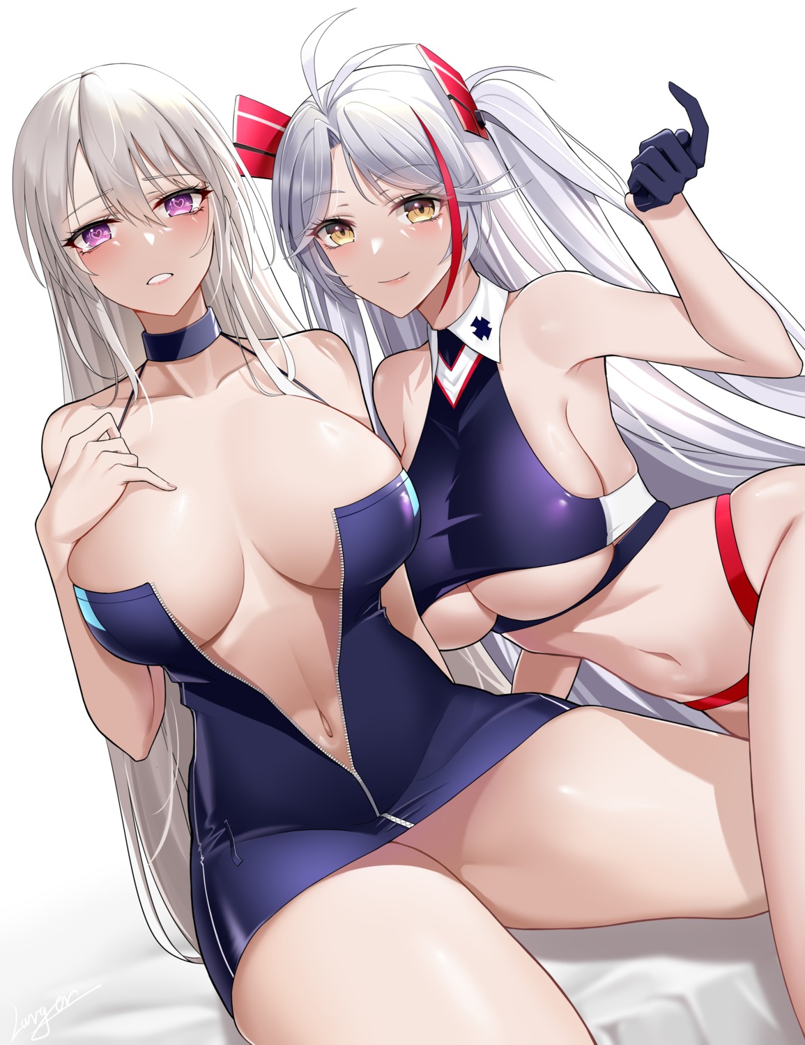 azur_lane dress enterprise_(azur_lane) hun_shang no_bra open_shirt pantsu prinz_eugen_(azur_lane) underboob