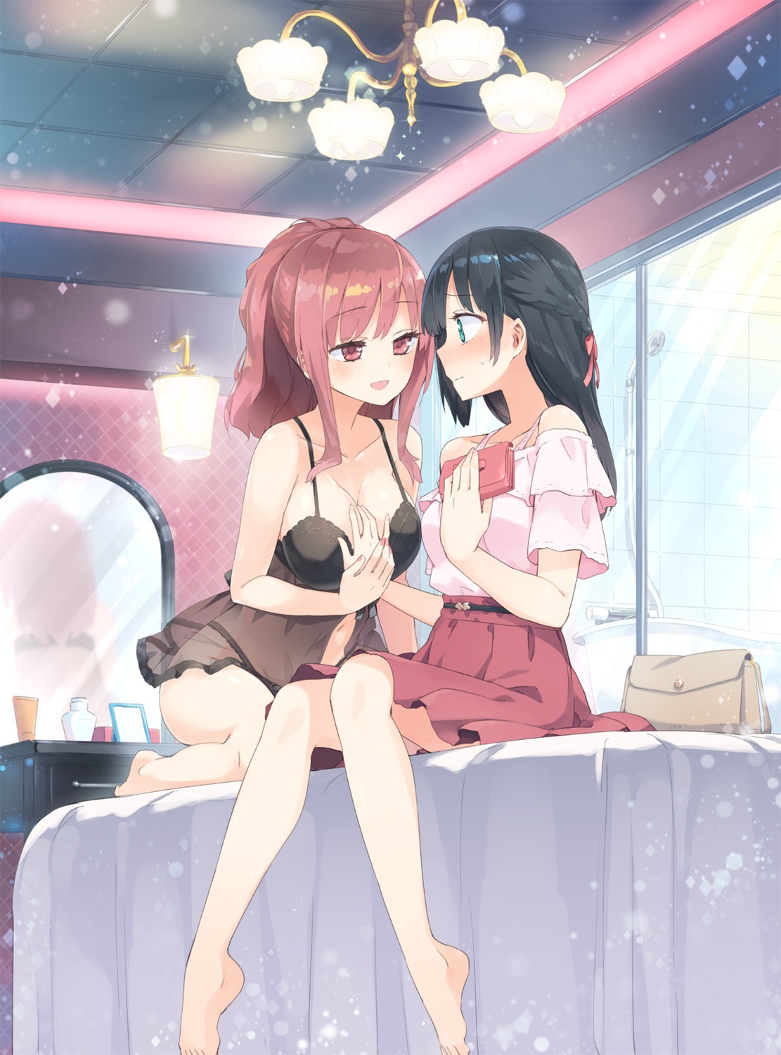 breast_hold cleavage homura_subaru lingerie pantsu see_through yuri