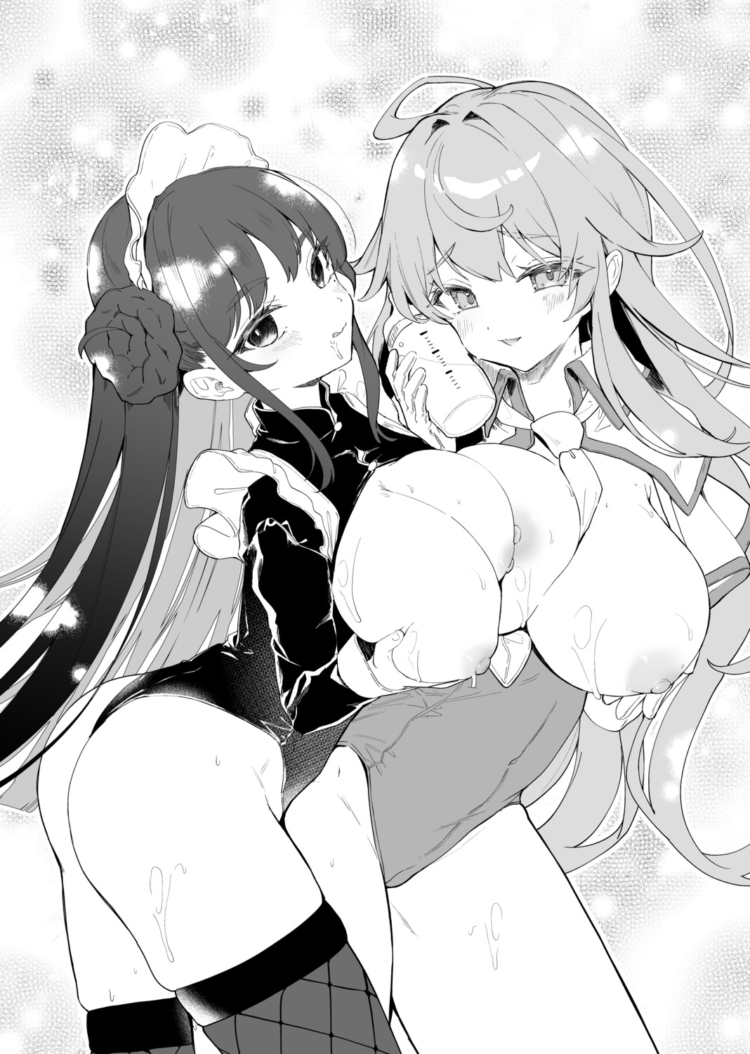 ass breast_hold breasts cream fishnets leotard maid monochrome nipples no_bra tamano_kedama thighhighs wet