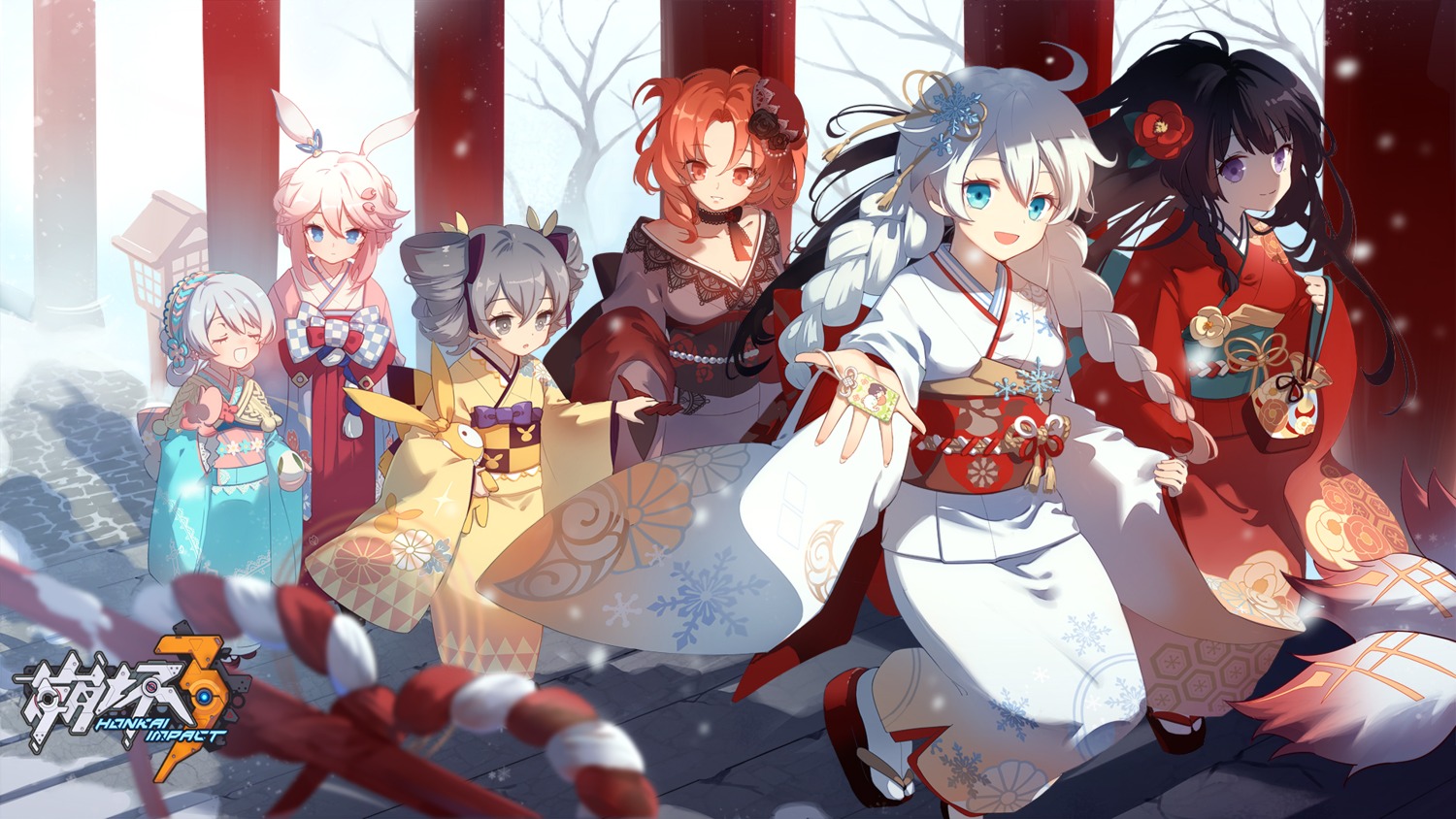 animal_ears benghuai_xueyuan bronya_zaychik bunny_ears cleavage honkai_impact japanese_clothes kiana_kaslana kimono murata_himeko raiden_mei theresa_apocalypse wallpaper yae_sakura_(benghuai_xueyuan)