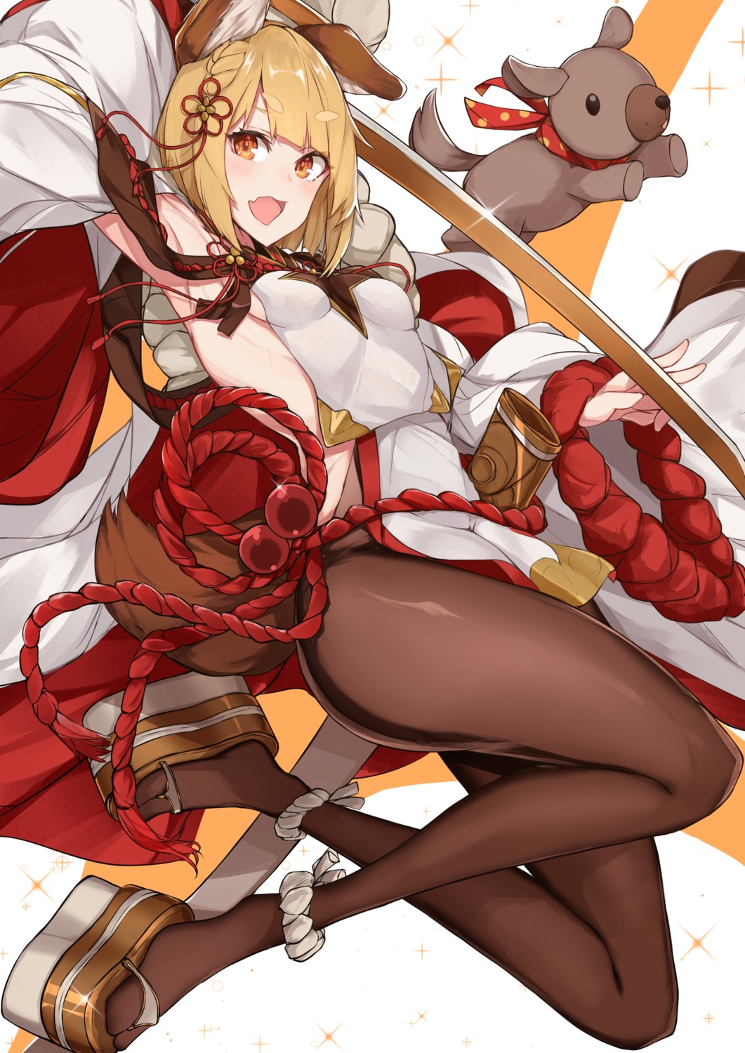 animal_ears granblue_fantasy inumimi japanese_clothes nanakaku no_bra pantyhose sword tail vajra_(granblue_fantasy)