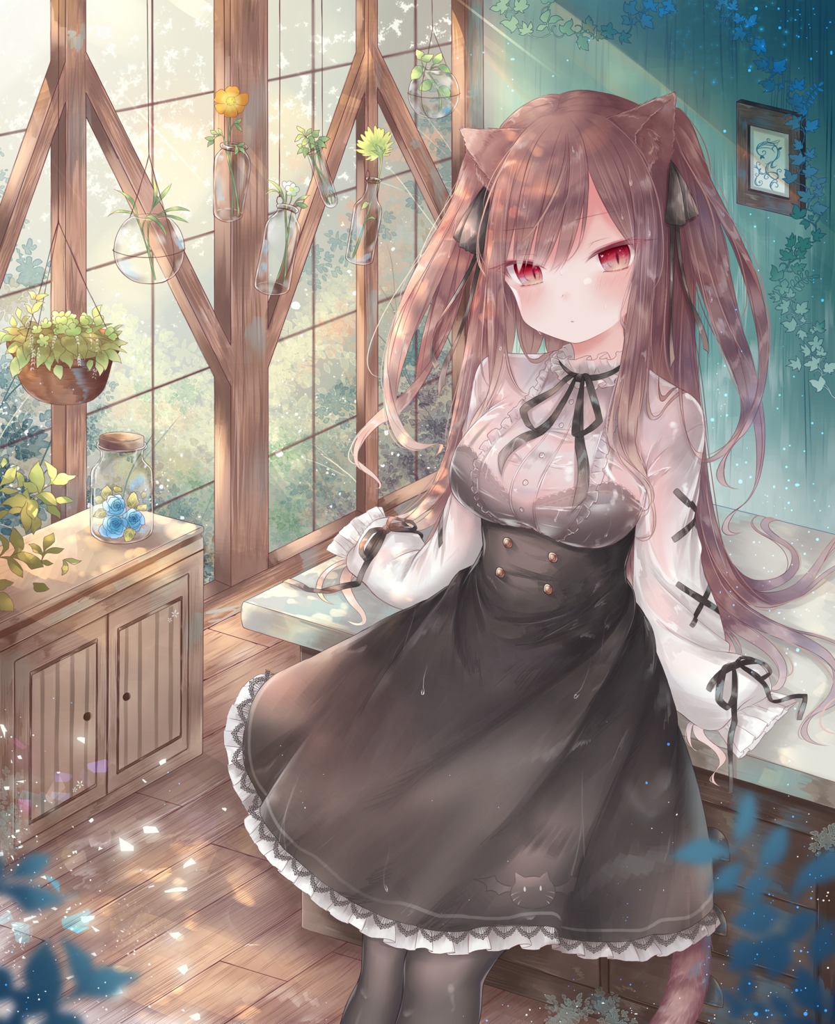 animal_ears bra dress gothic_lolita lolita_fashion nekomimi pantyhose see_through tail wet wet_clothes yenshin