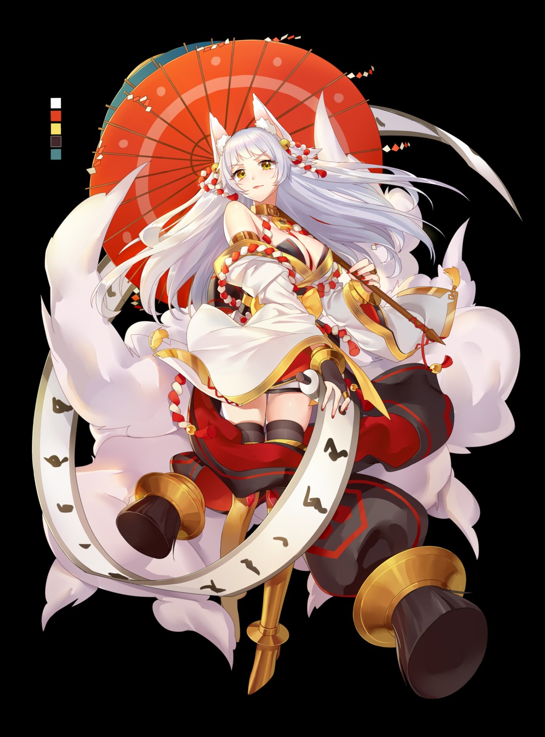 animal_ears armor cleavage hime_collection japanese_clothes kitsune mie_tu_jiu_jiu no_bra tail thighhighs umbrella