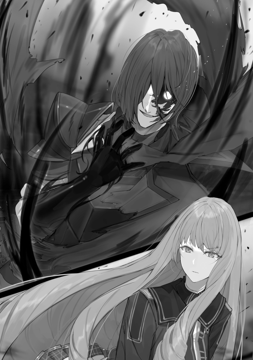 touzai kage no jitsuryokusha ni naritakute! cid kagenou goldy gilded  quinton (kage no jitsuryokusha ni naritakute!) armor eyepatch monochrome  uniform, #1060465