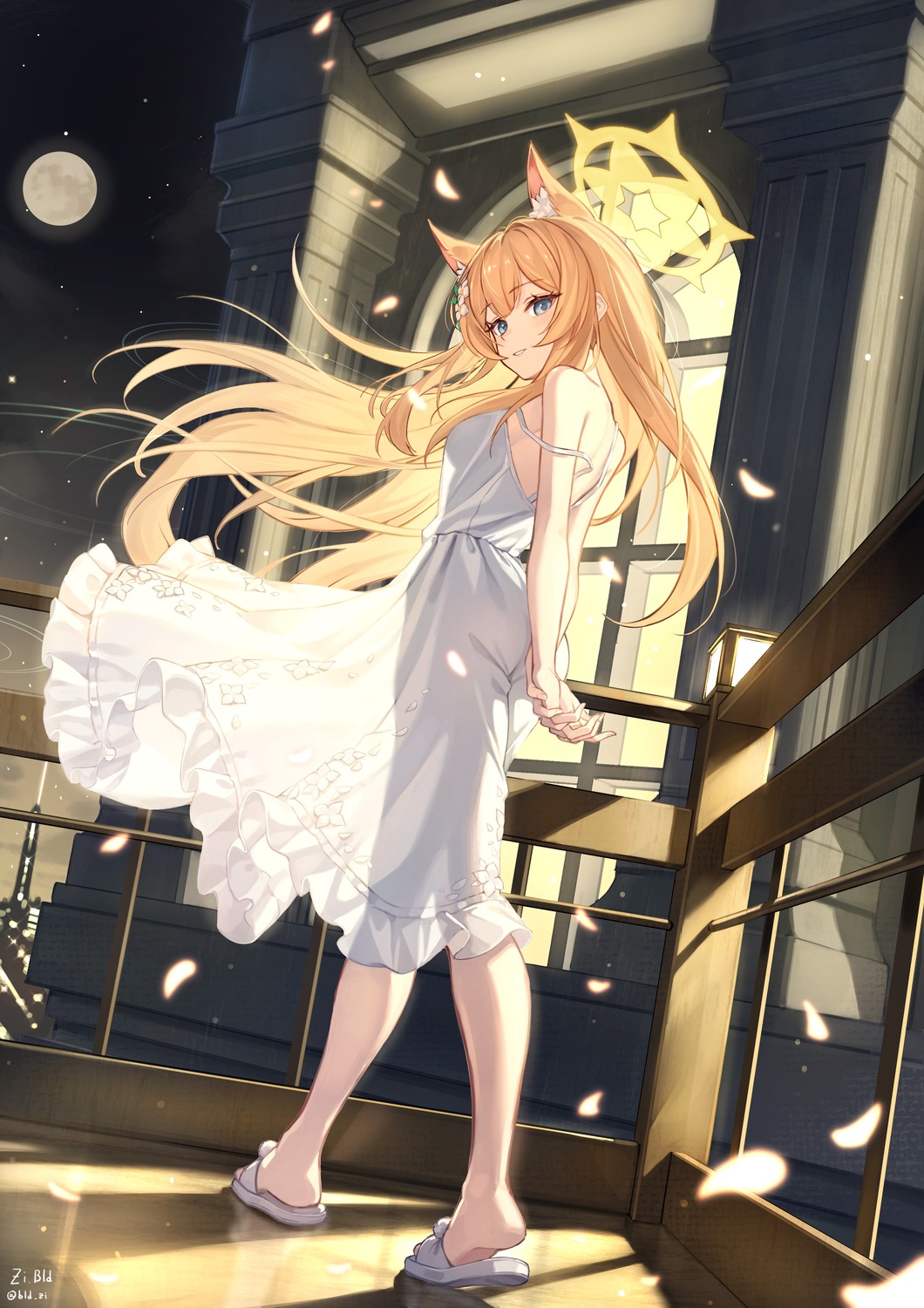 animal_ears ass bld_zi blue_archive dress halo iochi_mari nekomimi no_bra see_through summer_dress