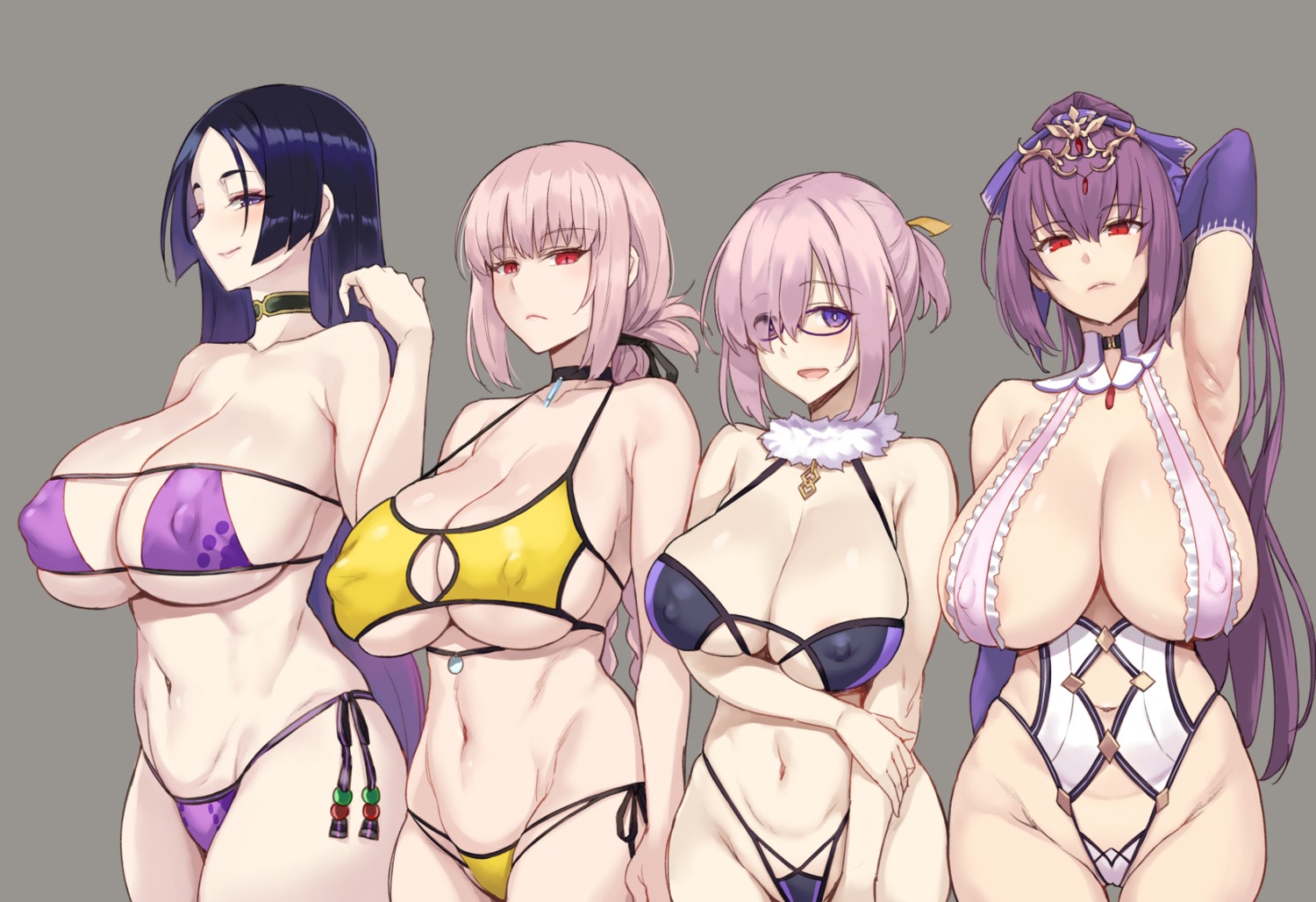 bikini erect_nipples fate/grand_order florence_nightingale_(fate) mash_kyrielight megane minamoto_no_raikou_(fate/grand_order) scathach_skadi swimsuits zhen_lu