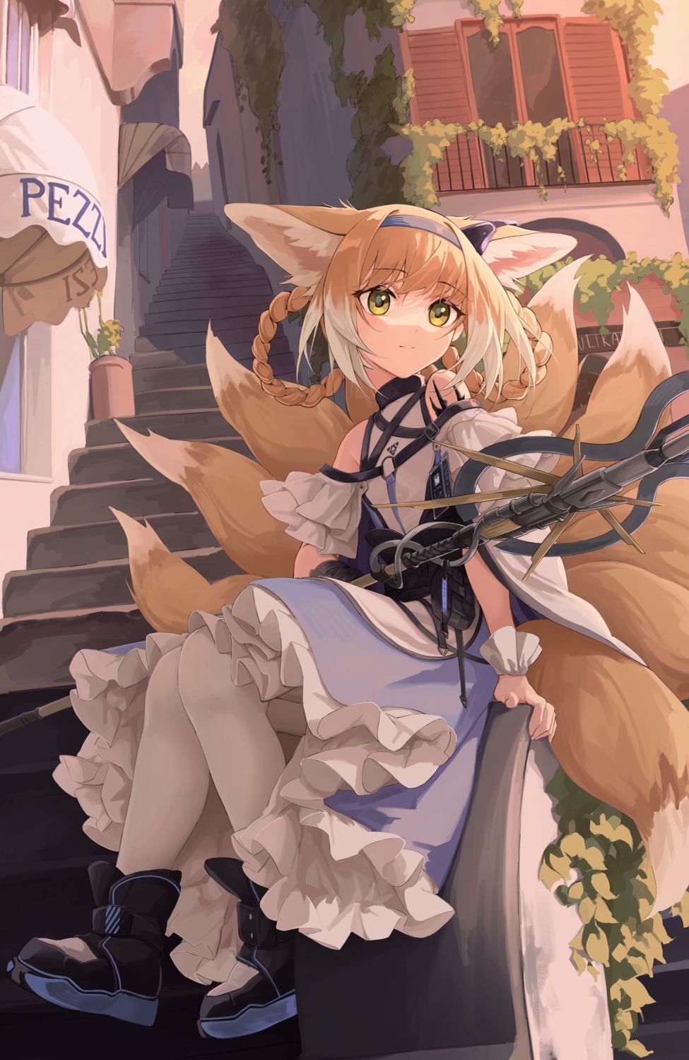 animal_ears arknights dress kitsune pantyhose rui_(rei_leyi) skirt_lift suzuran_(arknights) tail weapon