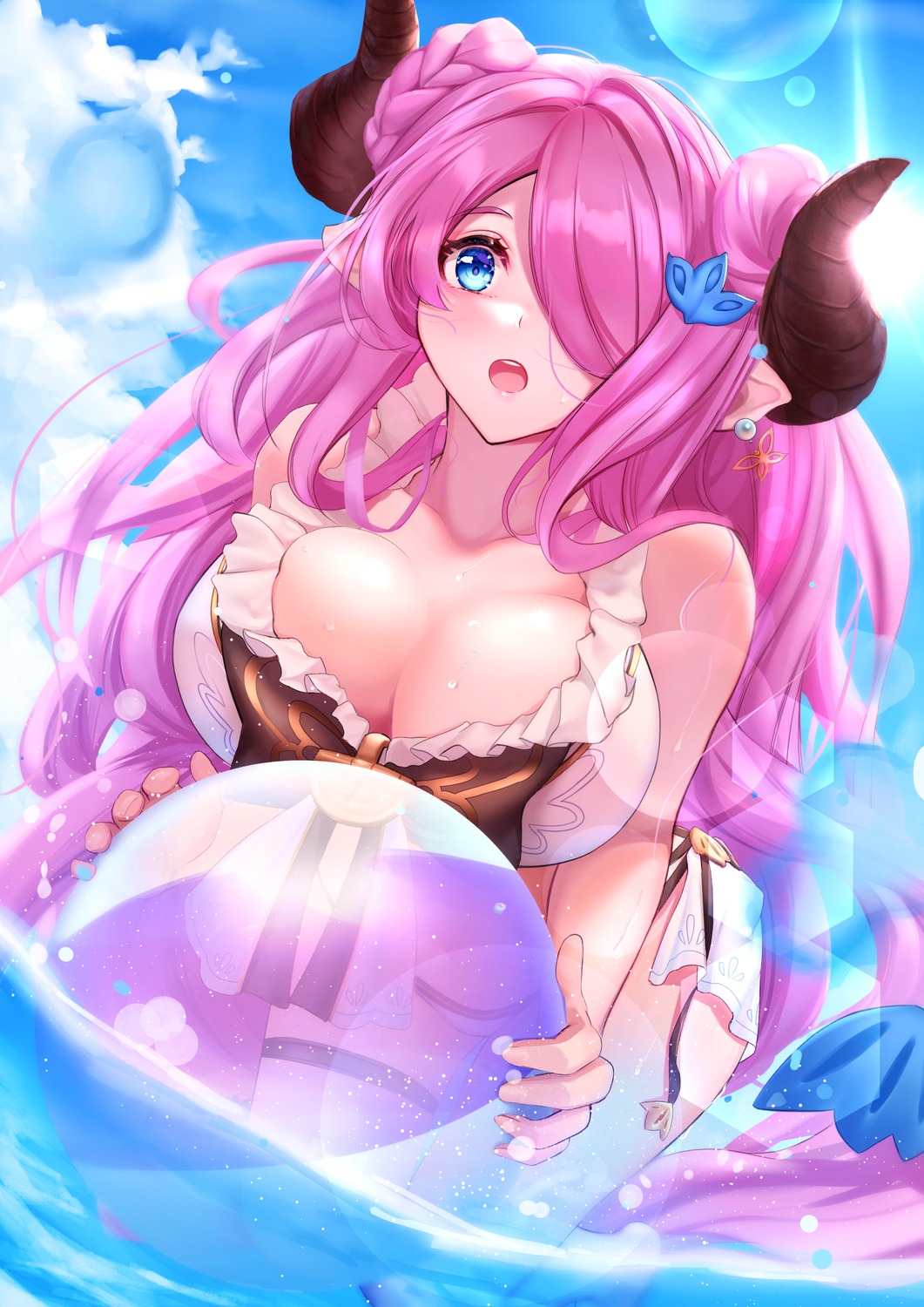 cleavage garter granblue_fantasy horns narumeia_(granblue_fantasy) pointy_ears sakurahuji-iro swimsuits wet