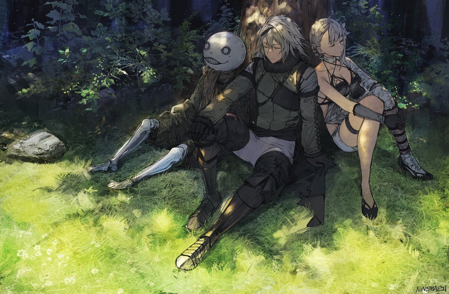 bandages garter heels kaine_(nier) nier nier_replicant ninomae_ina'nis_(artist) no_bra wallpaper