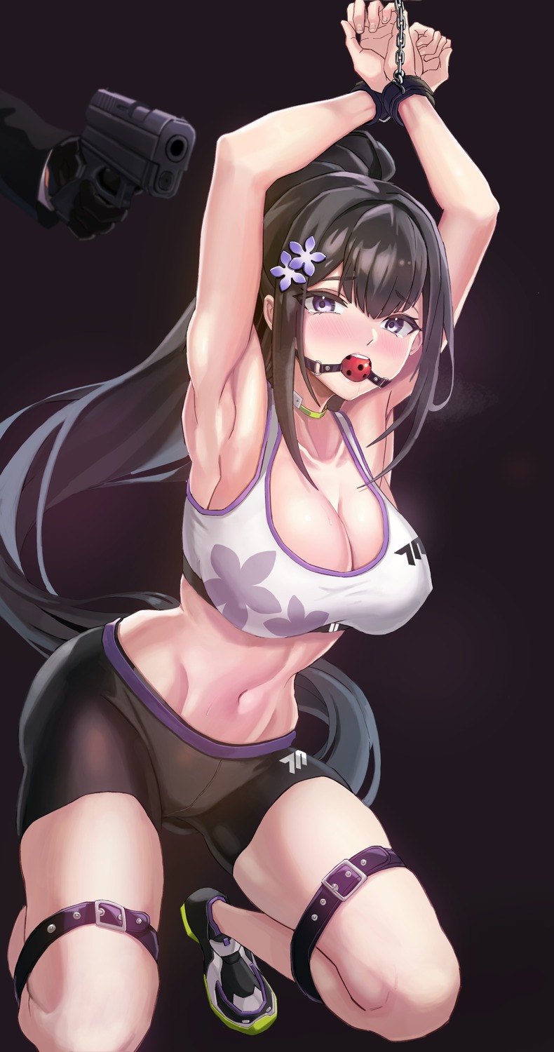 bike_shorts blue_archive bondage cleavage gagameiyo garter gun gym_uniform otohana_sumire