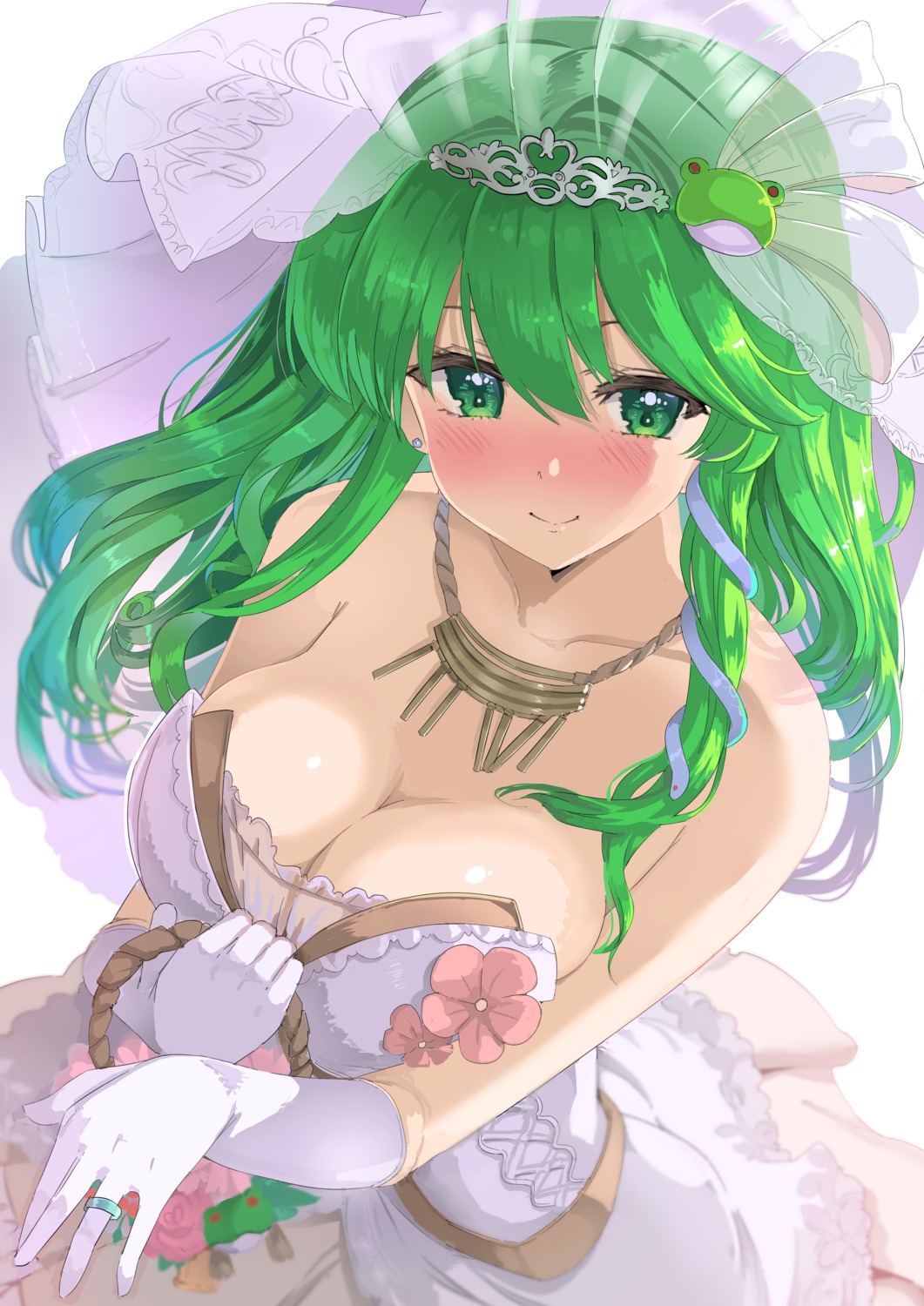 breast_hold cleavage dress kochiya_sanae no_bra puuakachan touhou wedding_dress