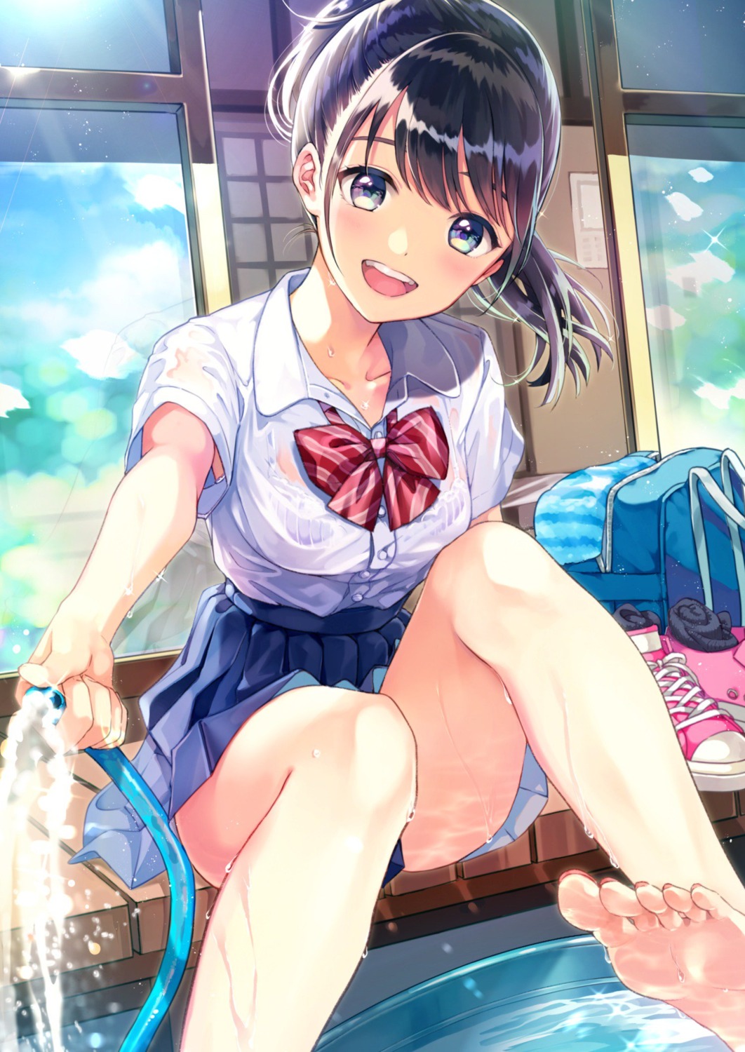 bra feet matsuzaki_miyuki see_through seifuku skirt_lift wet wet_clothes