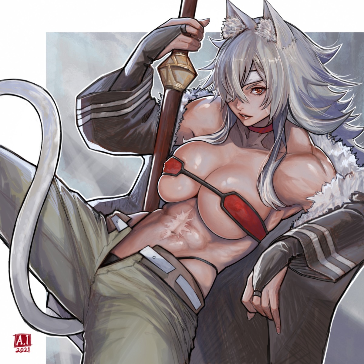 ai_shou animal_ears erect_nipples eyepatch ghislaine_dedoldia mushoku_tensei nekomimi no_bra open_shirt pantsu sword tail