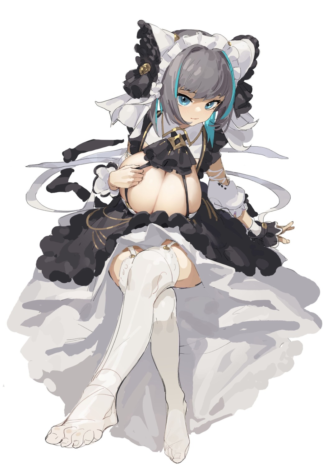 azur_lane cheshire_(azur_lane) feet gua61 maid no_bra skirt_lift stockings thighhighs