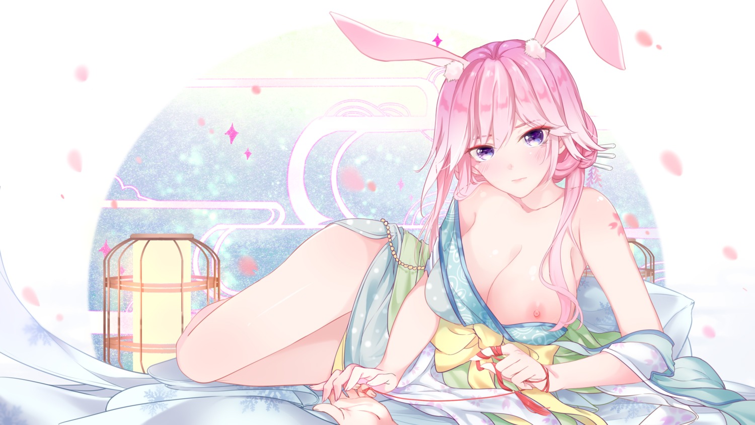 animal_ears benghuai_xueyuan breasts bunny_ears gou_lianlian_dogface japanese_clothes nipples no_bra open_shirt yae_sakura_(benghuai_xueyuan)