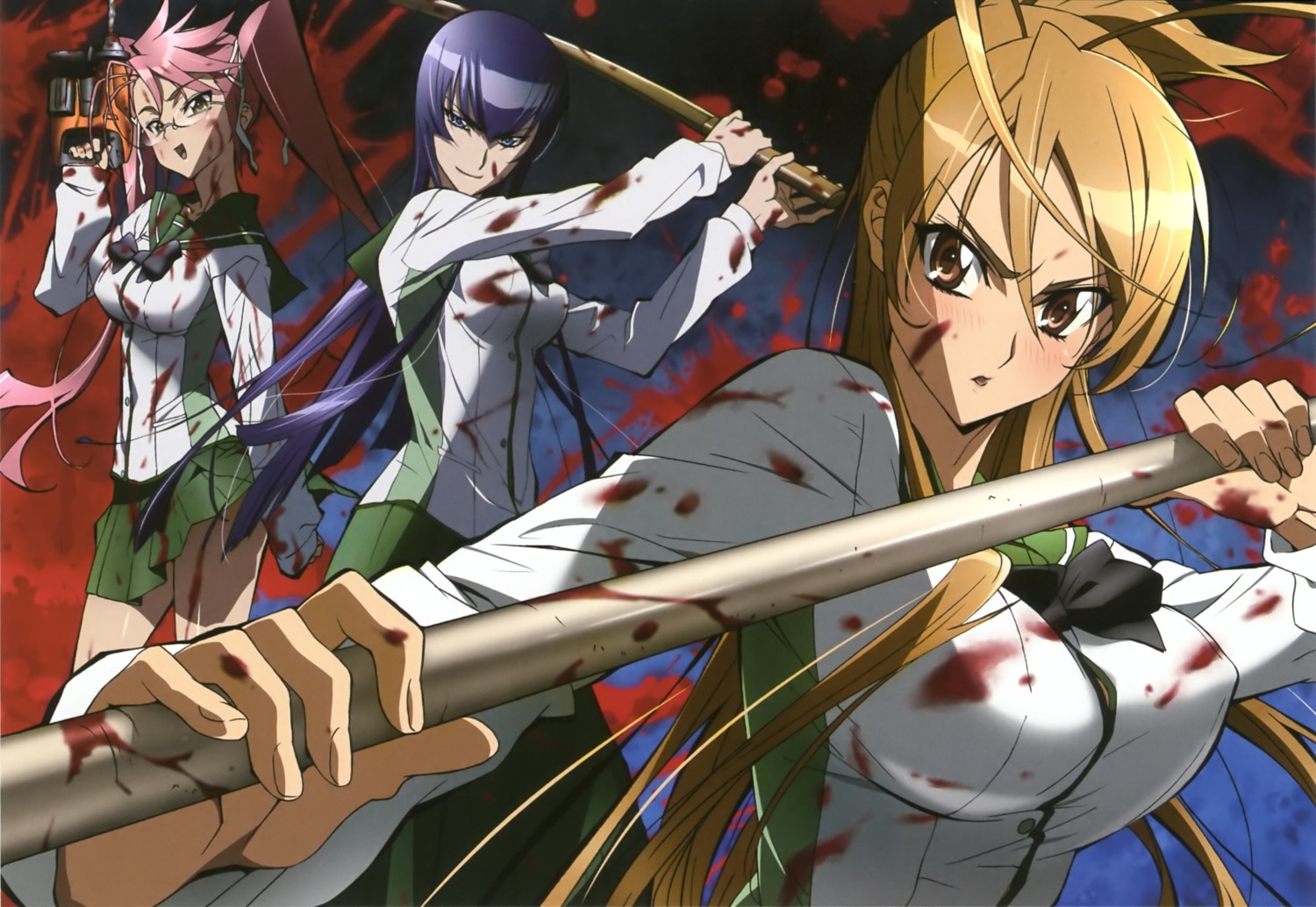 blood busujima_saeko highschool_of_the_dead megane miyamoto_rei seifuku takagi_saya