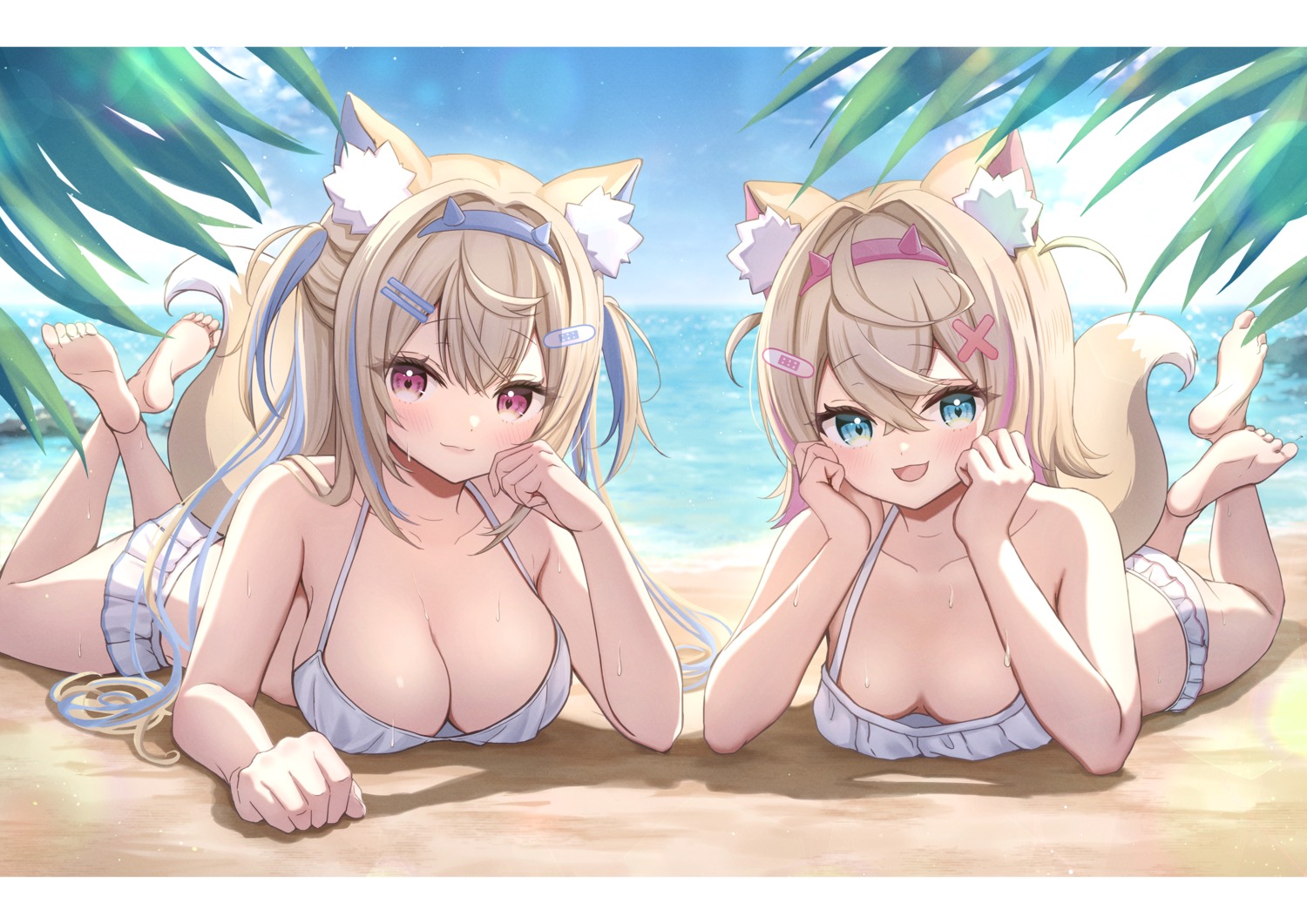 animal_ears bandaid bikini fuwawa_abyssgard hololive hololive_english inumimi mococo_abyssgard sakuraume swimsuits tail wet