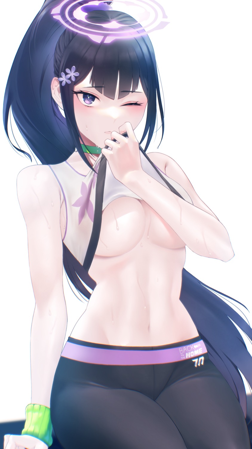 blue_archive halo kazane-wind no_bra otohana_sumire see_through shirt_lift wet_clothes