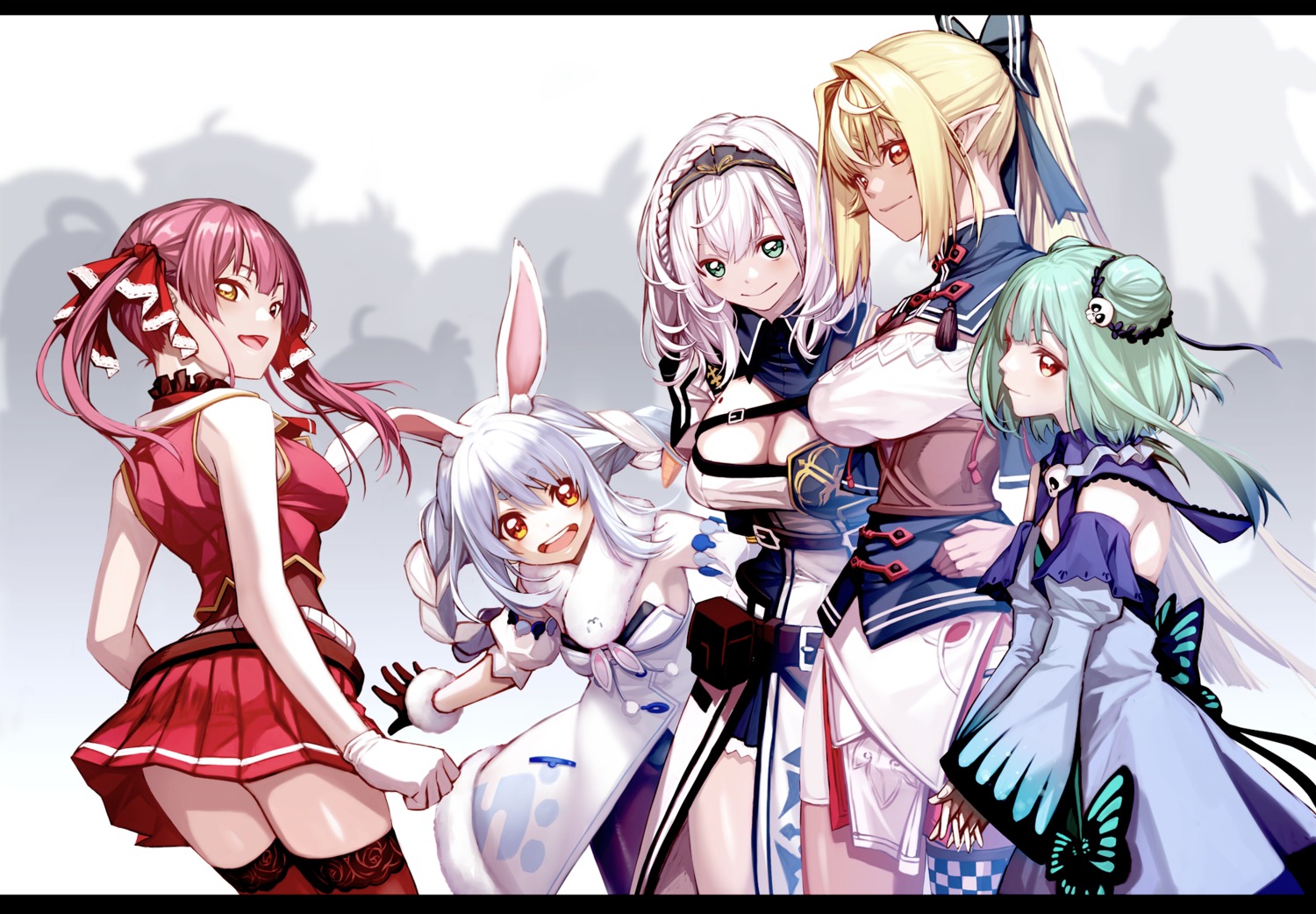 animal_ears bunny_ears bunny_girl dress elf fenrir_(fenlil0316) heterochromia hololive houshou_marine pantyhose pointy_ears shiranui_flare shirogane_noel skirt_lift thighhighs uruha_rushia usada_pekora