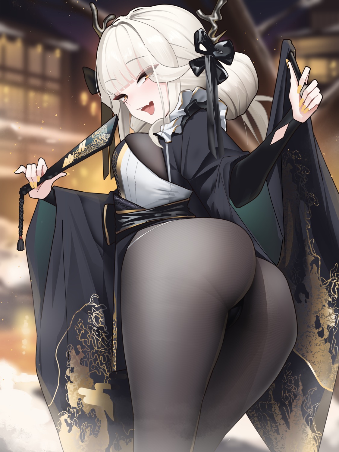 ass blanc_(nikke) bodysuit cameltoe gloomyowl goddess_of_victory:_nikke horns japanese_clothes skirt_lift