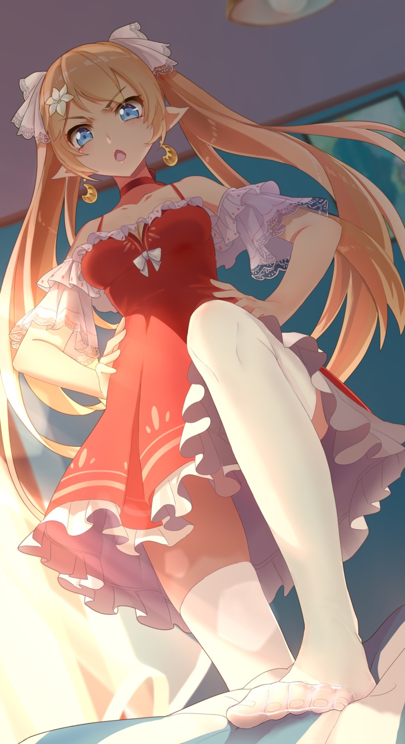 cleavage dress feet pointy_ears skirt_lift thighhighs xblhh