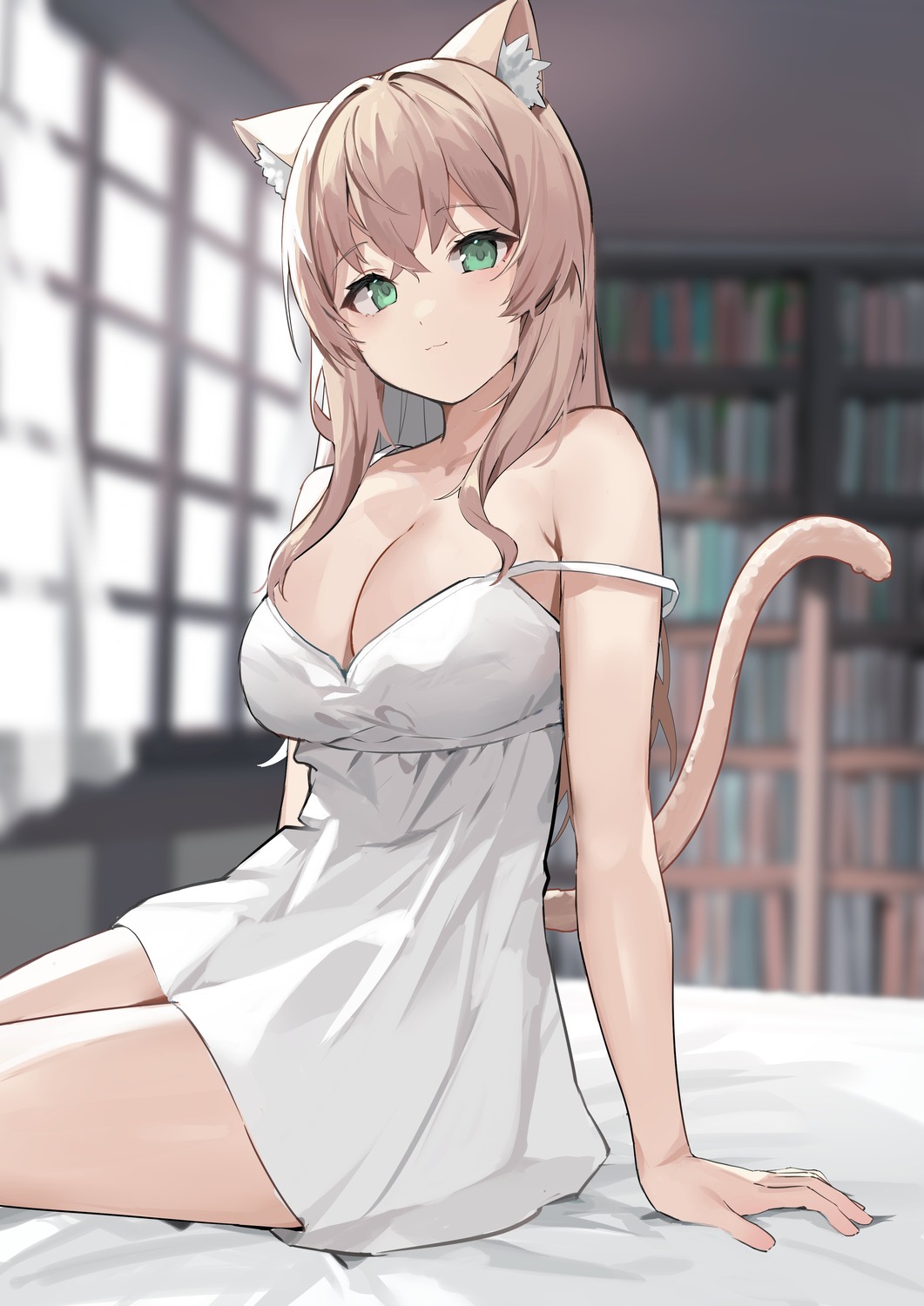 animal_ears dress nekomimi no_bra ryou_(ponpgo) summer_dress tail wardrobe_malfunction